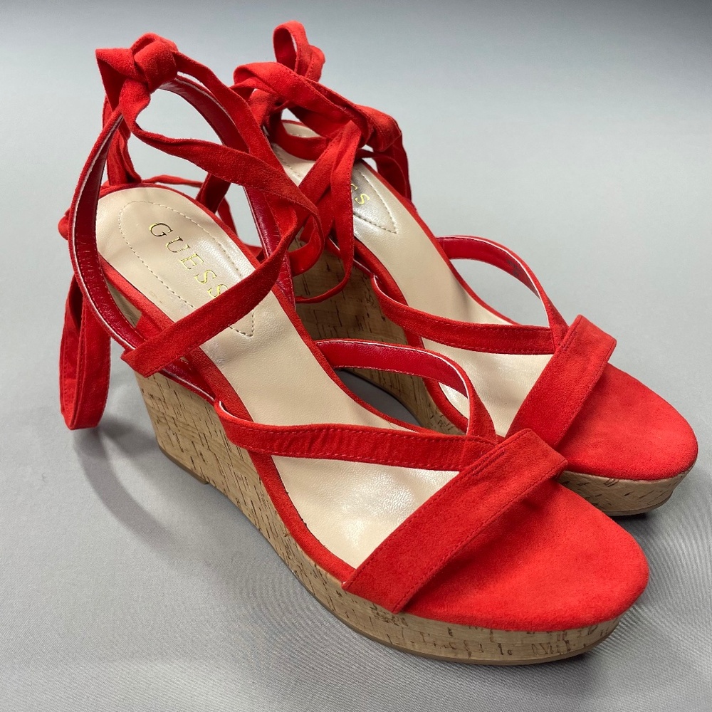 NEW Guess Shoes Womens 9.5 red brown Treacy faux suede cork wedge heels summer